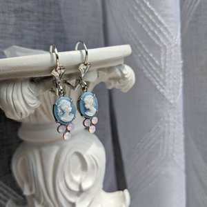 Blue Cameo Earrings, Rosewater Opal Earrings, Victorian Cameo Jewelry, Antique Replica, October Birthday Jewelry, Shabby Chic