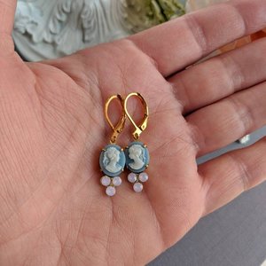 Blue Cameo Earrings, Rosewater Opal Earrings, Victorian Cameo Jewelry, Antique Replica, October Birthday Jewelry, Shabby Chic