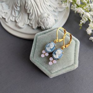 Blue Cameo Earrings, Rosewater Opal Earrings, Victorian Cameo Jewelry, Antique Replica, October Birthday Jewelry, Shabby Chic