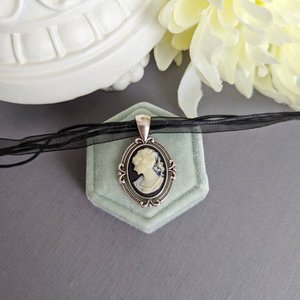 Gothic Cameo Pendant, Black Ribbon Choker Necklace, Victorian Bridal Jewelry, Black Wedding