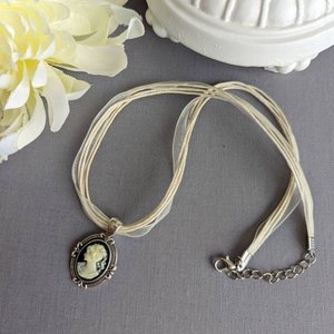 Gothic Cameo Pendant, Black Ribbon Choker Necklace, Victorian Bridal Jewelry, Black Wedding