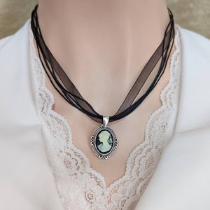 Gothic Cameo Pendant, Black Ribbon Choker Necklace, Victorian Bridal Jewelry, Black Wedding