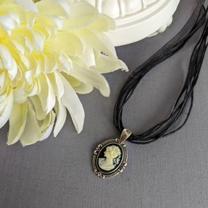 Gothic Cameo Pendant, Black Ribbon Choker Necklace, Victorian Bridal Jewelry, Black Wedding