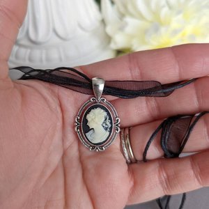Gothic Cameo Pendant, Black Ribbon Choker Necklace, Victorian Bridal Jewelry, Black Wedding