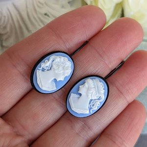 Blue Cameo Leverback Earrings, Romantic Jewelry