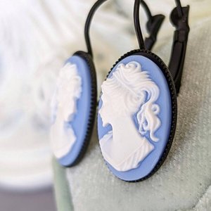 Blue Cameo Leverback Earrings, Romantic Jewelry