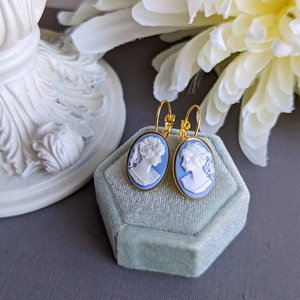 Blue Cameo Leverback Earrings, Romantic Jewelry