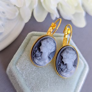 Blue Cameo Lever Back Earrings: Vintage Style Portrait Jewelry