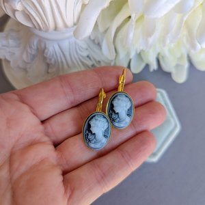 Blue Cameo Lever Back Earrings: Vintage Style Portrait Jewelry