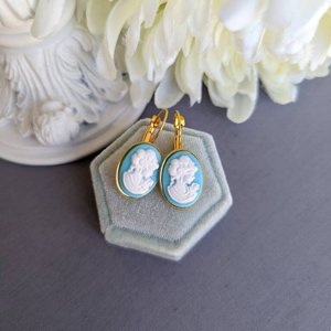 Blue Lady Cameo Earrings, Vintage Portrait, Gold Plated Lever Back Earrings, Victorian Jewelry