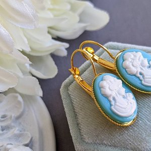 Blue Lady Cameo Earrings, Vintage Portrait, Gold Plated Lever Back Earrings, Victorian Jewelry