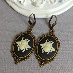 Bee Statement Earrings, Bee Cameo Earrings, Steampunk Jewelry, Dark Academia, Nature Inspired, Dark Cottage Core