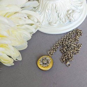 Tiny Sunflower Locket Necklace, Antiqued Gold Locket, Round Locket Necklace, Sunflower Jewelry, Keepsake Gift, Teen Daughter Gift