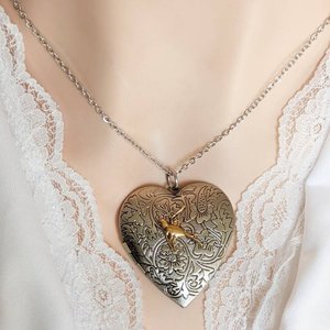 Heart Locket Pendant with Silver Swallow, Romantic Gift for Her