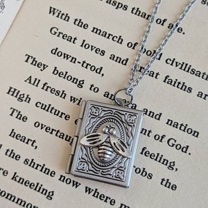 Bee Locket Necklace, Silver Book Locket, Tiny Silver Bee Necklace, Book Lover, Light Academia, Book Club Gift, Gift for Librarian