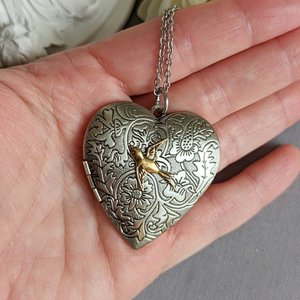 Heart Locket Pendant with Silver Swallow, Romantic Gift for Her
