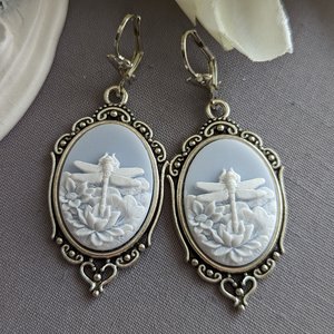 Blue Dragonfly Cameo Earrings, Art Nouveau Jewelry