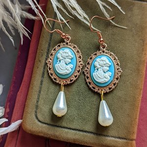 Blue Cameo Pearl Earrings, 14k Rose Gold Plated Earrings, Victorian Jewelry, Romantic Vintage Style, Light Academia, Pearlcore