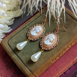 Peach Cameo Pearl Earrings, 14k Rose Gold Plated Earrings, Victorian Jewelry, Romantic Vintage Style, Light Academia, Pearlcore