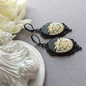 Gothic Cameo Earrings, Black Dragonfly Earrings, Gothic Victorian Jewelry, Dark Nature Jewelry Gift for Her