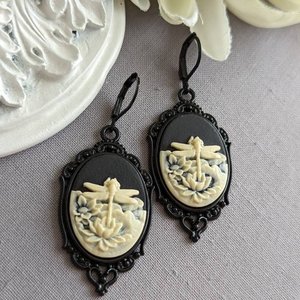 Gothic Cameo Earrings, Black Dragonfly Earrings, Gothic Victorian Jewelry, Dark Nature Jewelry Gift for Her