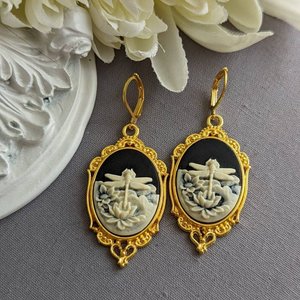 Gothic Cameo Earrings, Black Dragonfly Earrings, Gothic Victorian Jewelry, Dark Nature Jewelry Gift for Her