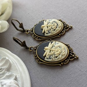 Gothic Cameo Earrings, Black Dragonfly Earrings, Gothic Victorian Jewelry, Dark Nature Jewelry Gift for Her