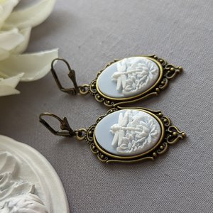 Blue Dragonfly Cameo Earrings, Art Nouveau Jewelry