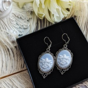 Blue Dragonfly Cameo Earrings, Art Nouveau Jewelry