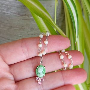 Tiny Green Cameo Necklace with Pink Austrian Crystals on a Pale Pink Opal Rosary Chain, Rustic Vintage Style Pendant, Shabby Chic