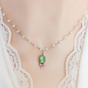Tiny Green Cameo Necklace with Pink Austrian Crystals on a Pale Pink Opal Rosary Chain, Rustic Vintage Style Pendant, Shabby Chic