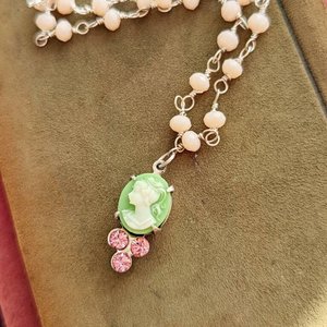 Tiny Green Cameo Necklace with Pink Austrian Crystals on a Pale Pink Opal Rosary Chain, Rustic Vintage Style Pendant, Shabby Chic