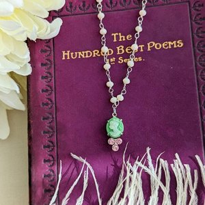 Tiny Green Cameo Necklace with Pink Austrian Crystals on a Pale Pink Opal Rosary Chain, Rustic Vintage Style Pendant, Shabby Chic