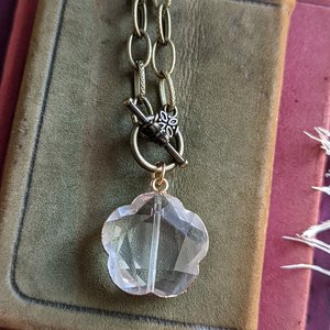 Crystal Choker Necklace with Paperclip Chain, Clover Pendant Necklace, Rustic Chic Boho Jewelry