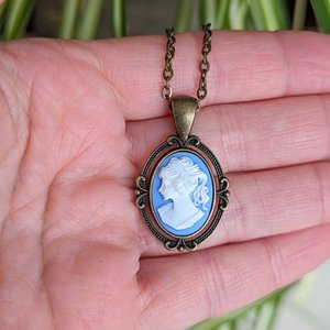 Blue Cameo Necklace, Vintage Style Cameo Jewelry