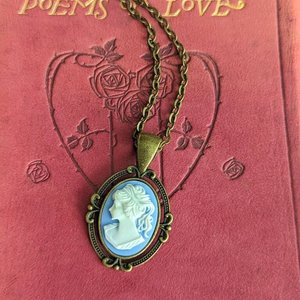 Blue Cameo Necklace, Vintage Style Cameo Jewelry