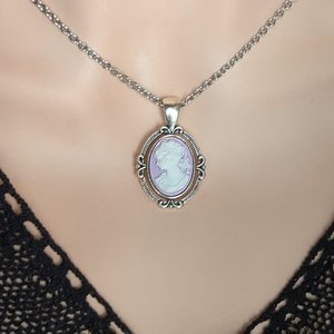 Purple Cameo Necklace, Oval Victorian Pendant, Vintage Style Jewelry Gift 