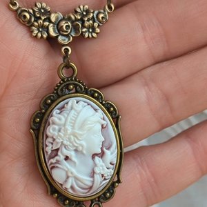 Victorian Goddess Cameo Necklace, Antique Brass Cameo Pendant, Vintage Wedding Jewelry