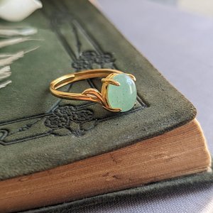 Natural Aventurine Ring, Gold Vermeil 925 Sterling Silver Ring, Semiprecious Gemstone Jewelry, Adjustable Size
