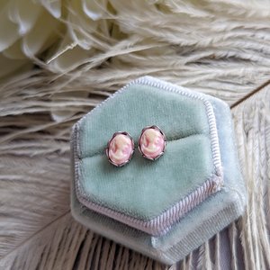 Red & White Cameo Post Earrings, Stainless Steel Hypoallergenic Posts