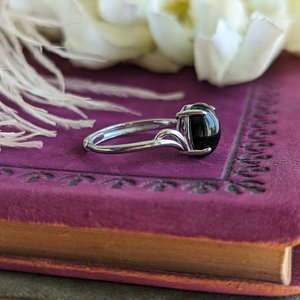 Onyx Sterling Silver Ring, Black Gemstone Jewelry, Adjustable Size Ring, Elegant Gift for Girlfriend, Crystal Lover, Goth