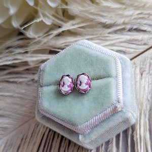 Red & White Cameo Post Earrings, Stainless Steel Hypoallergenic Posts