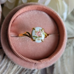 Pink Flower Limoges Style Ring, Gold Vermeil over 925 Sterling Silver Ring, Victorian Cameo Jewelry, Adjustable size, Gift For Her