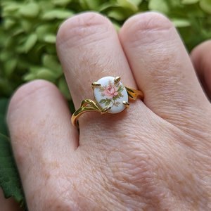 Pink Flower Limoges Style Ring, Gold Vermeil over 925 Sterling Silver Ring, Victorian Cameo Jewelry, Adjustable size, Gift For Her