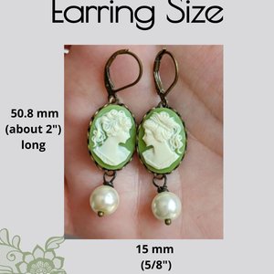 Cameo Pearl Earrings, Green Cameo Earrings, Victorian Jewelry, Romantic Vintage Style, Light Academia, Pearlcore