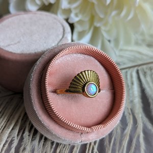 Gold Sunburst Opal Ring, Vintage Art Deco, Birthstone Jewelry October Birthday Gift for Girlfriend, Adjustable Size