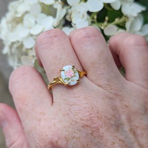 Pink Flower Limoges Style Ring, Gold Vermeil over 925 Sterling Silver Ring, Victorian Cameo Jewelry, Adjustable size, Gift For Her