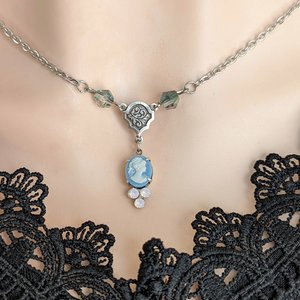 Tiny Blue Cameo Necklace with Rosewater Opals, Vintage Style Pendant, Shabby Chic, Gift for Her, Dainty Necklace, Regency Era