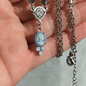 Tiny Blue Cameo Necklace with Rosewater Opals, Vintage Style Pendant, Shabby Chic, Gift for Her, Dainty Necklace, Regency Era