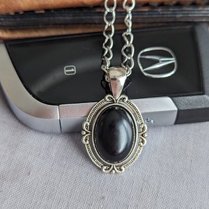 Mens Obsidian Pendant with Curb Chain, Black Gemstone Jewelry Gift for Him